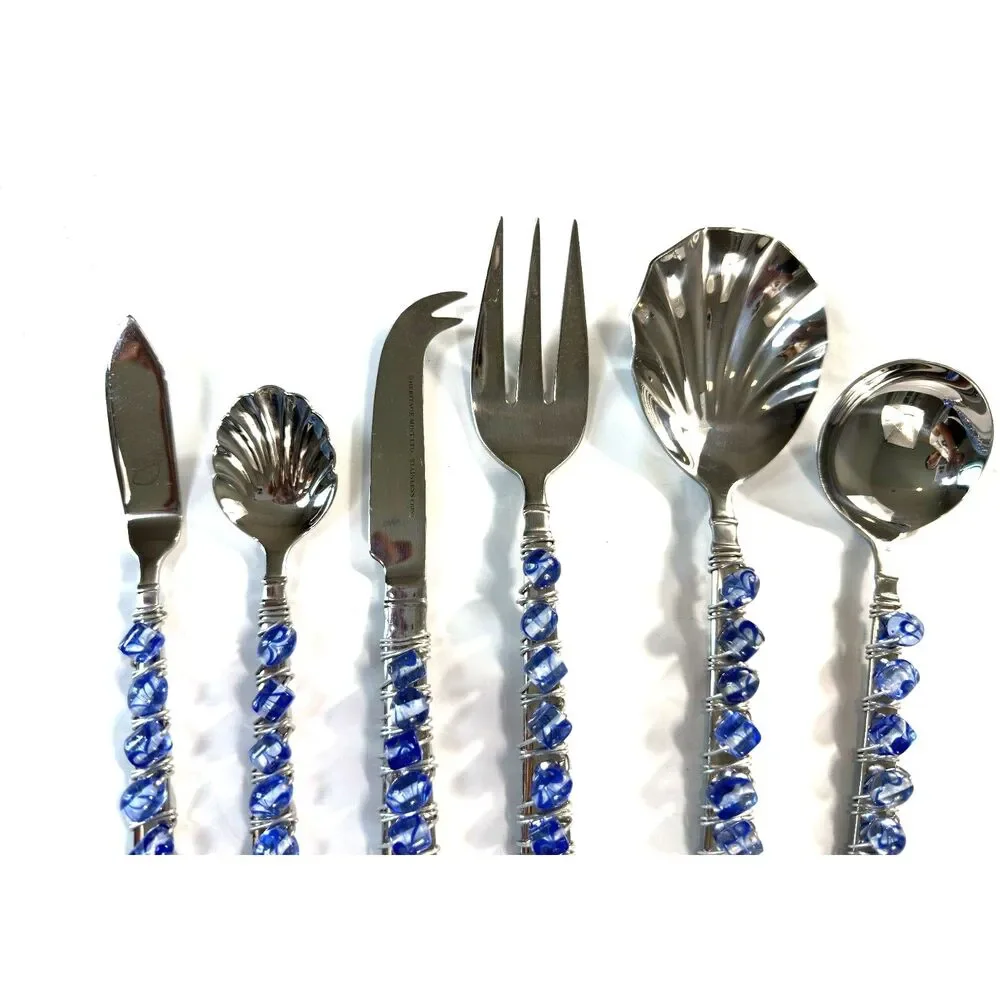 Heritage Mint 6 Pc Beaded Serving Set Blue White Swirl Glass Wire Wrapped